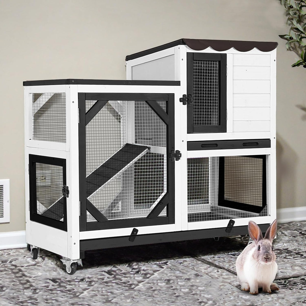 Gutinneen 2-Story Rabbit Hutch Bunny cage with Chew-Proof Ramp, Locking Leak-Proof Trays - Indoor/Outdoor 39.3" Wooden Rabbit Cage with Wheels for Rabbits, Guinea Pigs, Small Animal (Black and White)