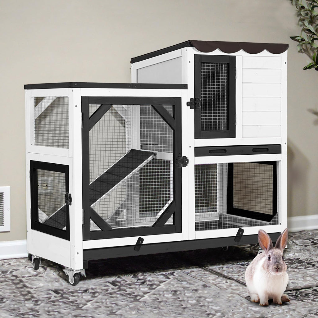 GUTINNEEN 2-Story Rabbit Hutch Indoor Bunny Cage Outdoor Guinea Pig House Wooden Small Animal Cage with Chew-Proof Ramp, Leak-Proof Tray, Lockable Wheels for 2-4 Rabbits, Guinea Pigs (Grey)