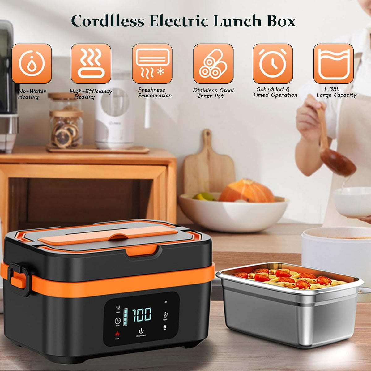 Cordless Heated Lunch Box, 30,000mAh Rechargeable Electric Lunch Box with Automatic Heatings Timer & Adjustable Heating, 5.7 Cup Portable Food Heater Warmer Office Car Outdoor (Black/Orange)