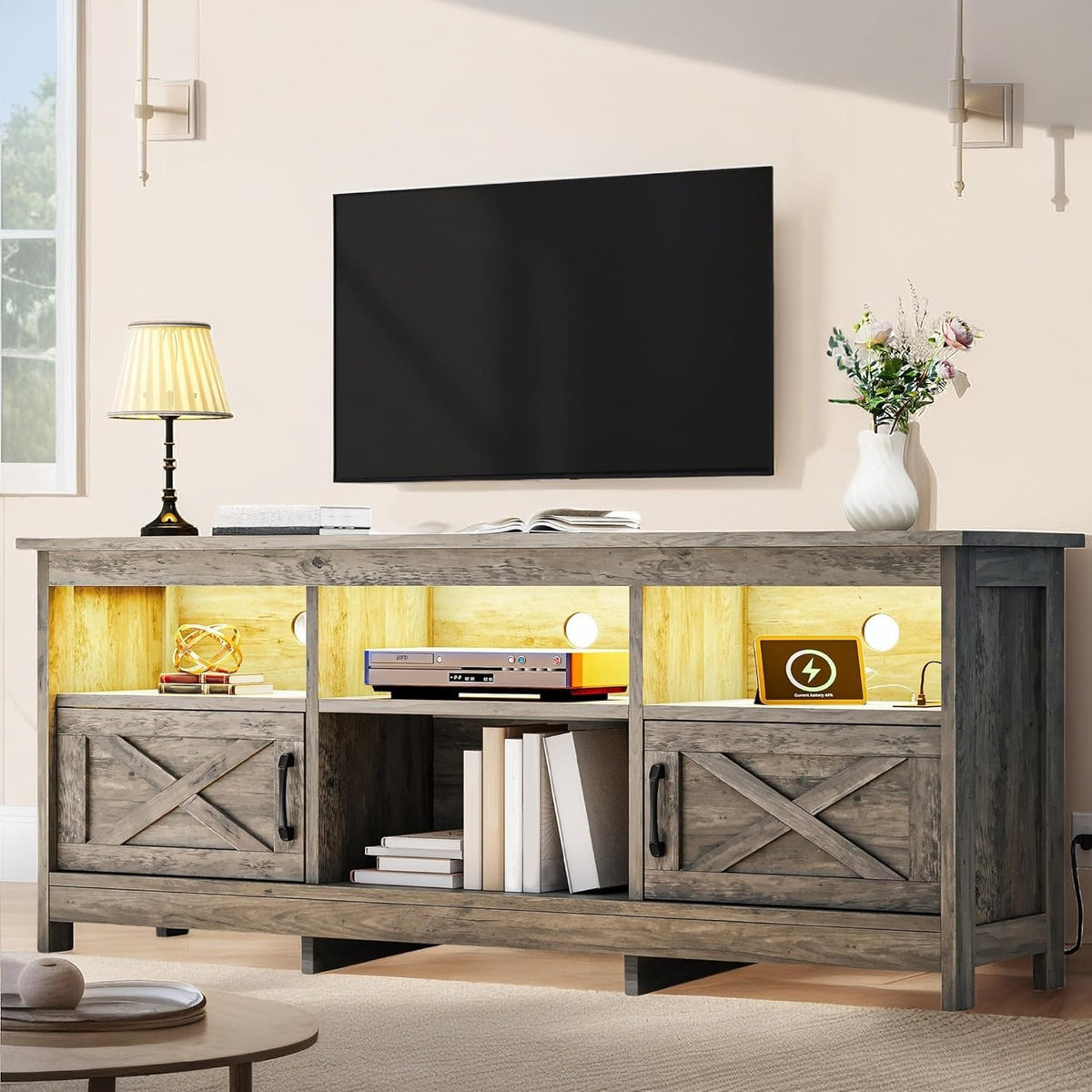 YITAHOME 59" TV Stand with Power Outlet & LED Light for 65 Inch TVs, Black