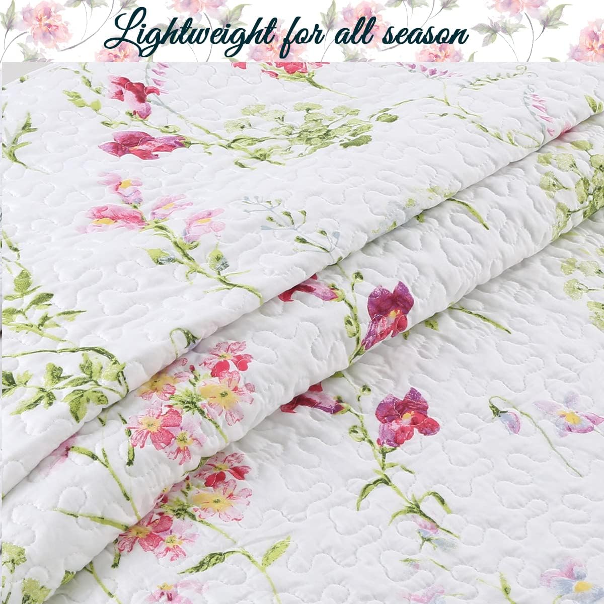 Cozy Line Home Fashions Light Pink Blue Flower Bloom Floral Garden Reversible Quilt Bedding Set, Coverlet Bedspread Lightweight for All Seasons (Carlotta, King - 6 Piece)