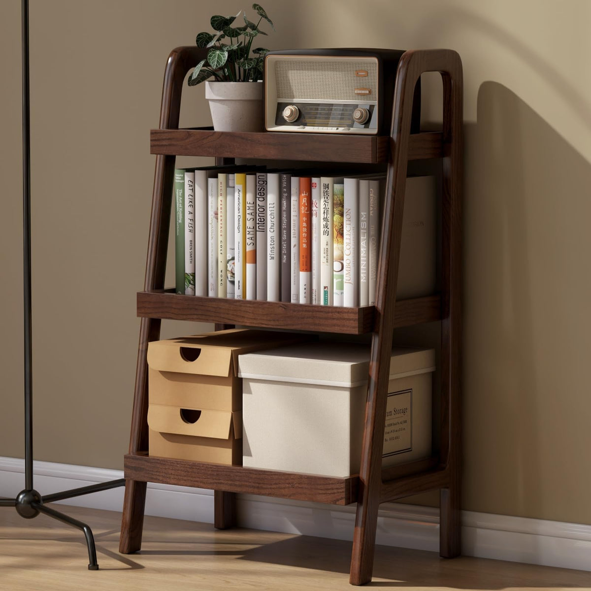 100% Solid Oak 4 Tier Ladder Shelf for Saving Space, Small Bookshelf with Stable Frame, Free Standing Ladder Shelves for Living Room Bedroom Couch(Natural,17.32" D x 16.53" W x 53.54" H)