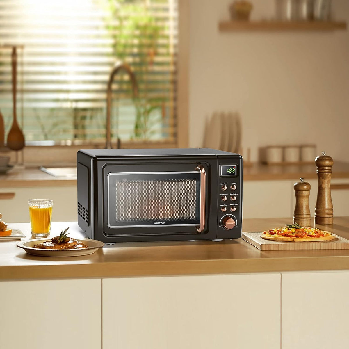 MAT EXPERT 0.7 Cu.ft Compact Microwave Oven, Digital Timing & Child Lock, Small Microwave w/Glass Turntable & 6 Preset Buttons, Delayed Start Function, 700W Mini Microwave w/5 Micro Power (Golden)