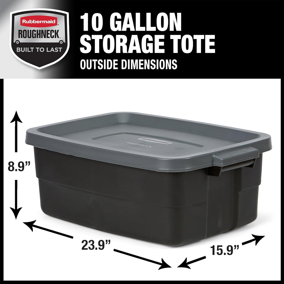 Rubbermaid 6-Pack Totes for Storage with Lids, Heavy Duty Plastic Storage Bins with Lids, Black Gray, 10 GAL - Stackable for Garage, Attic, Camping (10 GAL - 6 Pack Solid Black and Grey)