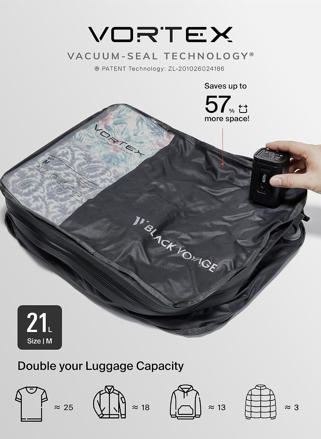 Black Voyage Reusable Vacuum Compression Travel Bag for Carry-On Suitcase and Backpack, Recycled IPX8 Waterproof Space Saver Vacpack (2-Pack, 21L - Pump Included)