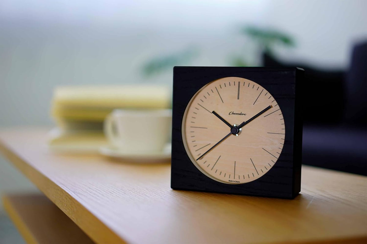 Wooden Desk Clock Japanese Handcrafted Solid Wood Clock Silent Non-Ticking Battery Operated Modern Decorative for Living Room Bedroom Office LINE Desk Clock CH-075 (Black)