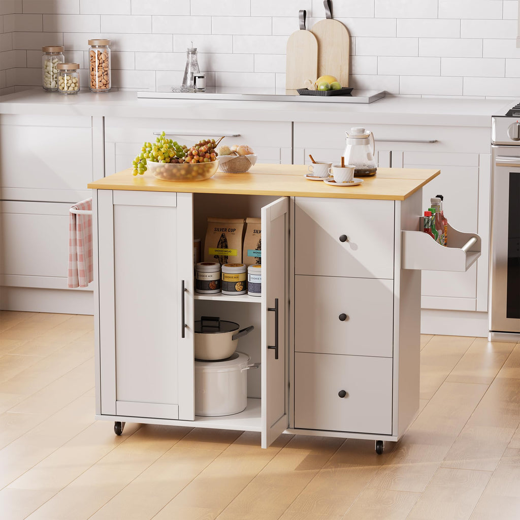 GRUSIGN 49.6" Kitchen Island on Wheels with Storage-Multifunctional Kitchen Island Cart with Drop Leaf, Rolling Island with Spice/Towel Rack,Expandable Island Table Kitchen,White