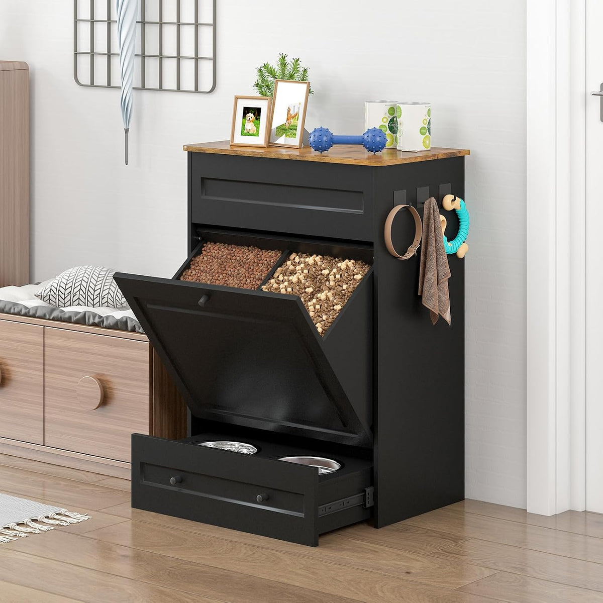 Elevated Dog Feeding Station with Storage, Pull-Out Bowls & Slow Feeder