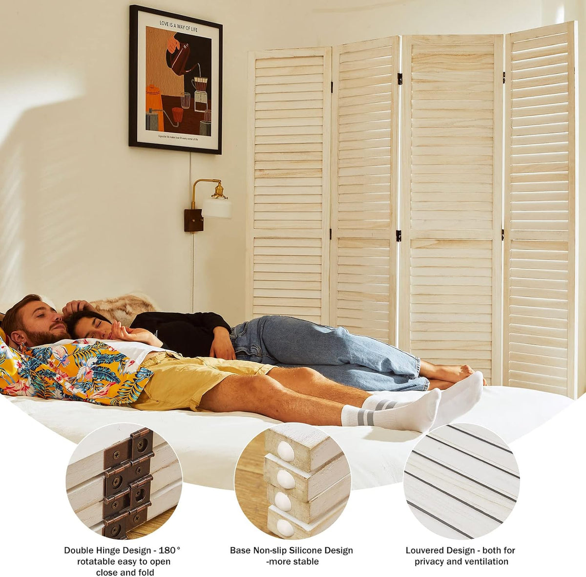 Room Dividers and Folding Privacy Screens, Wood Louvered Separators Divider Wall for Home Office Bedroom - 4 Panels, 67 * 60inch (White-Washed)