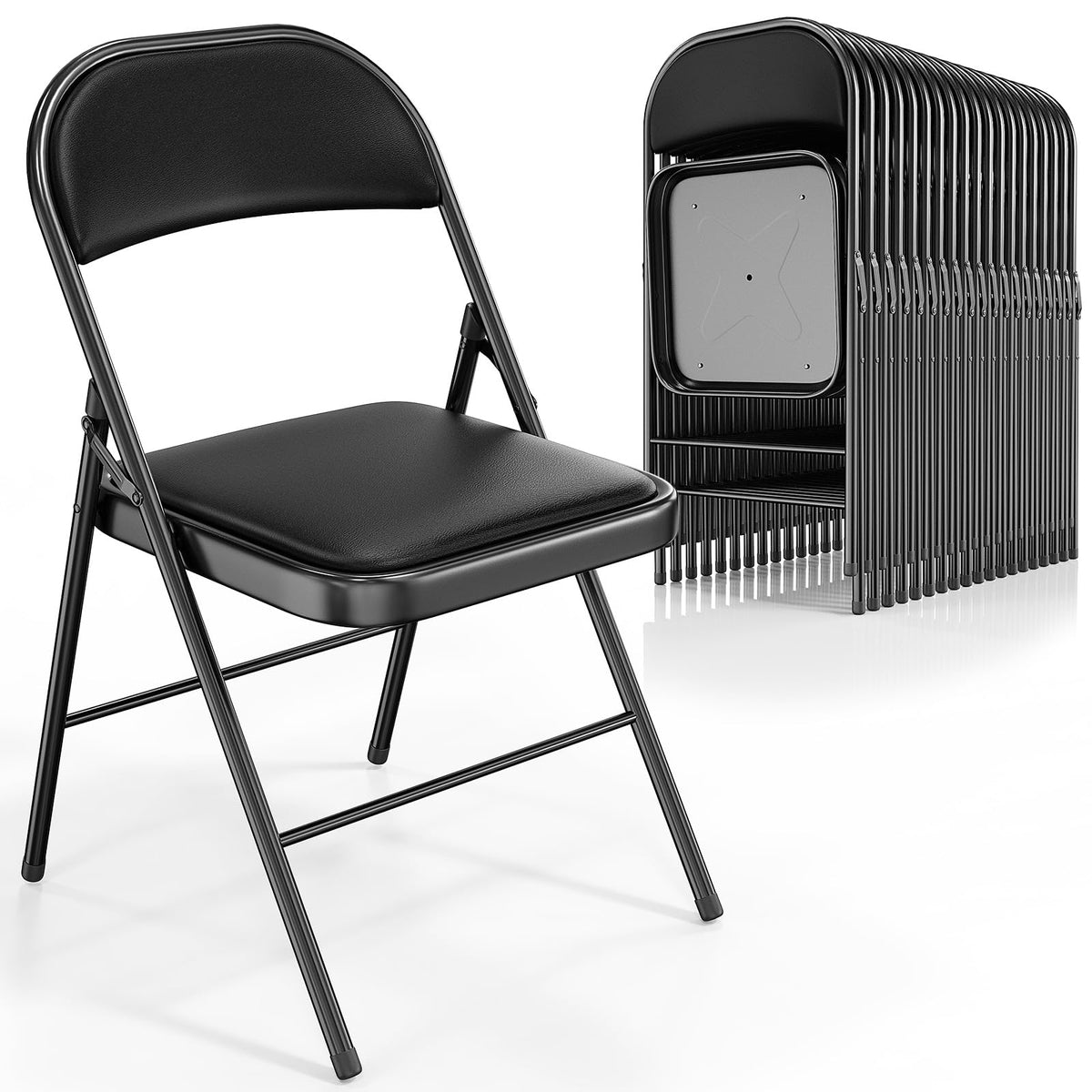 VINGLI 10 Pack Folding Chairs with Padded Seats, Metal Frame with Pu Leather Seat & Back, Capacity 350 lbs, Black