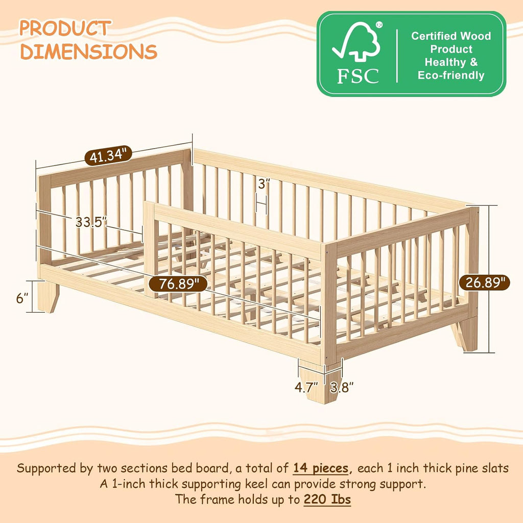 EXPERLAM Twin Montessori Floor Bed for Kids, Removable Rails, Burlywood