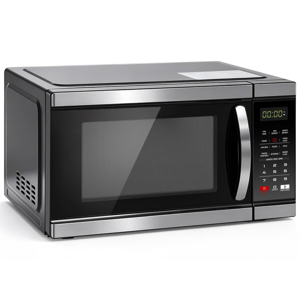 Countertop Small Microwave Oven 0.9 Cu. Ft, 900W Compact Microwave with LED Lighting, 6 Auto Menus, Turntable, Child Lock, Easy-Clean, Memory for Kitchen, Home, Dorm Essentials, Stainless Steel