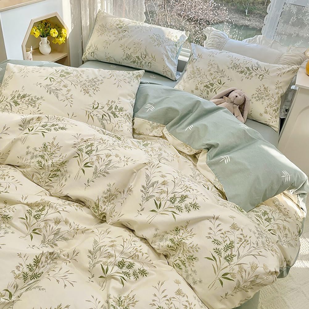 LifeTB Green Floral 100% Jersey Knit Cotton Duvet Cover Queen Vintage Style Botanical Floral Bedding Set Chic Shabby Green Floral Comforter Cover Girl Women Flower Bedding Cover with 2 Pillowcases
