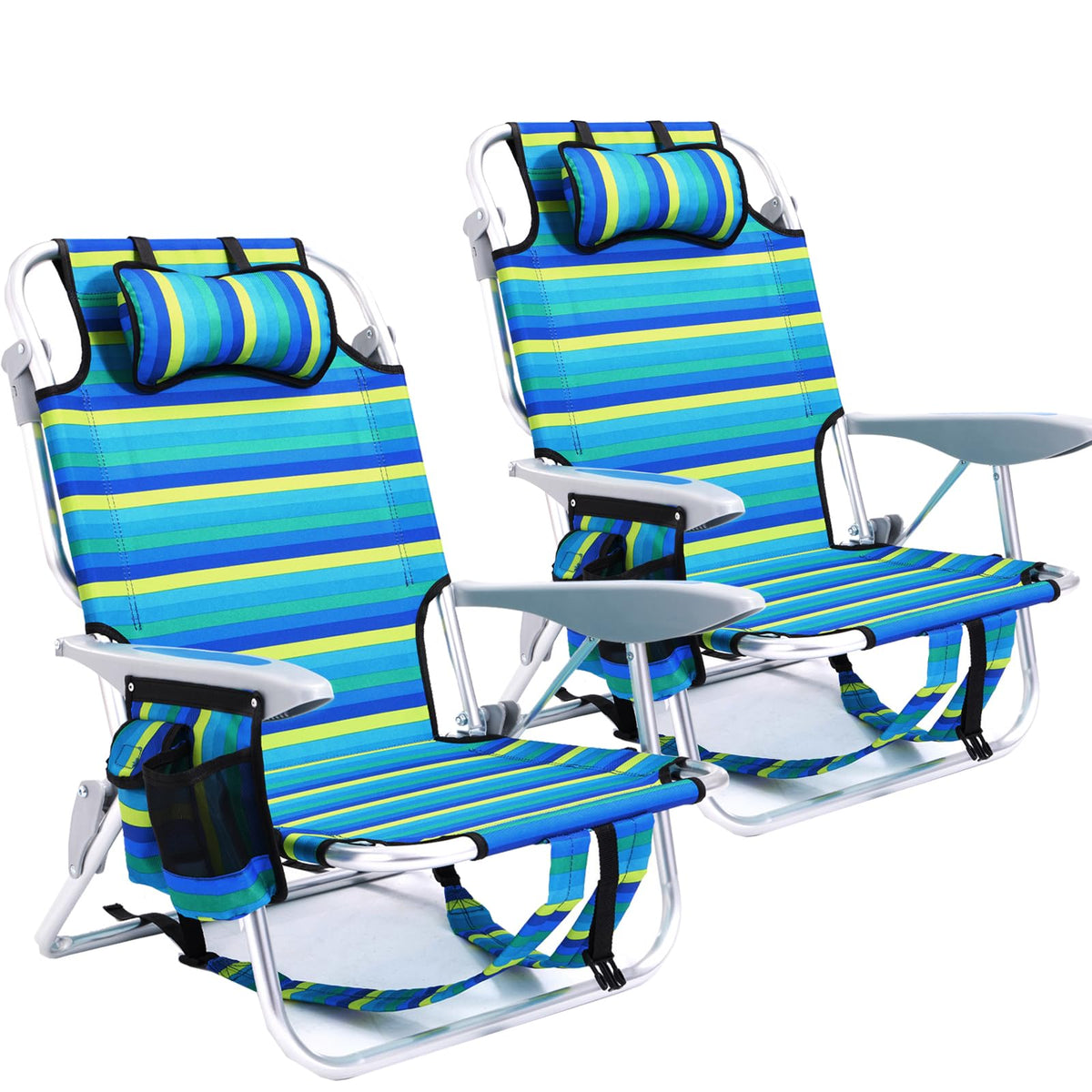 2 Pack Lightweight Portable Camping Beach Chair for Adults, Outdoor Lay Flat Folding Beach Chairs with 5 Positions, Backpack Beach Chair with Towel Bar, Zipper Pouch, Cup Holder, NEW Striped
