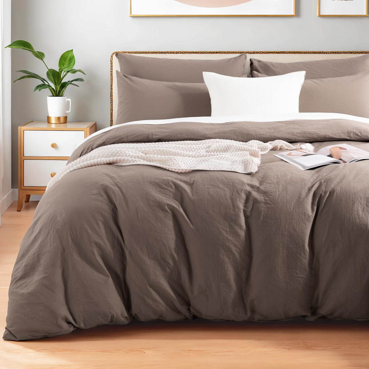 NEXHOME PRO Duvet Cover Set Queen Size Linen Look Textured 100% Washed Cotton Duvet Cover Burgundy Dark Red 3 Pieces Bedding Set with Zipper Closure,Breathable, Soft Organic Natural(No Comforter)