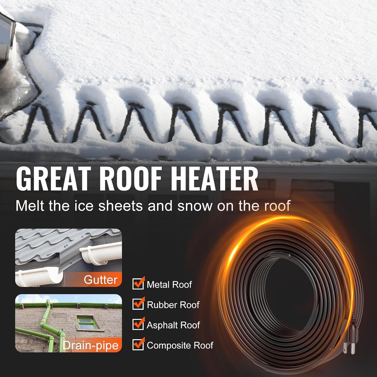 VEVOR Self-Regulating Pipe Heating Cable, 140FT 5W/FT Heat Tape for Pipes, Roof Snow Melting De-icing, Gutter and Pipe Freeze Protection