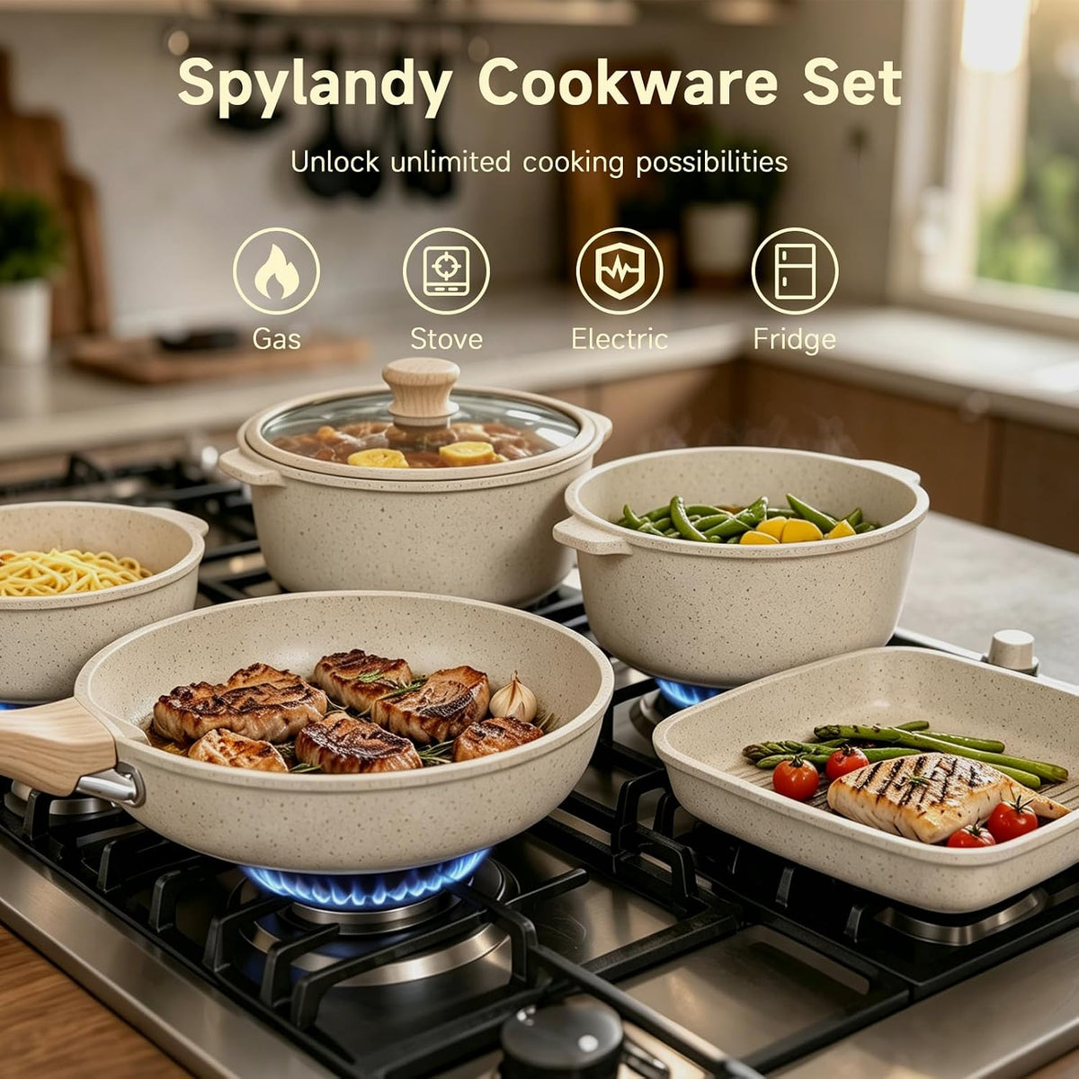 21Pc Detachable Handle Ceramic Nonstick Cookware Set, Induction Pots & Pans