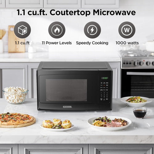 1.1 Cu. Ft. Compact Microwave Oven, 1000W, 10 Power Levels, Stainless Steel & Matte Black, Digital Display, 12 Presets, for Small Kitchens & Everyday Cooking