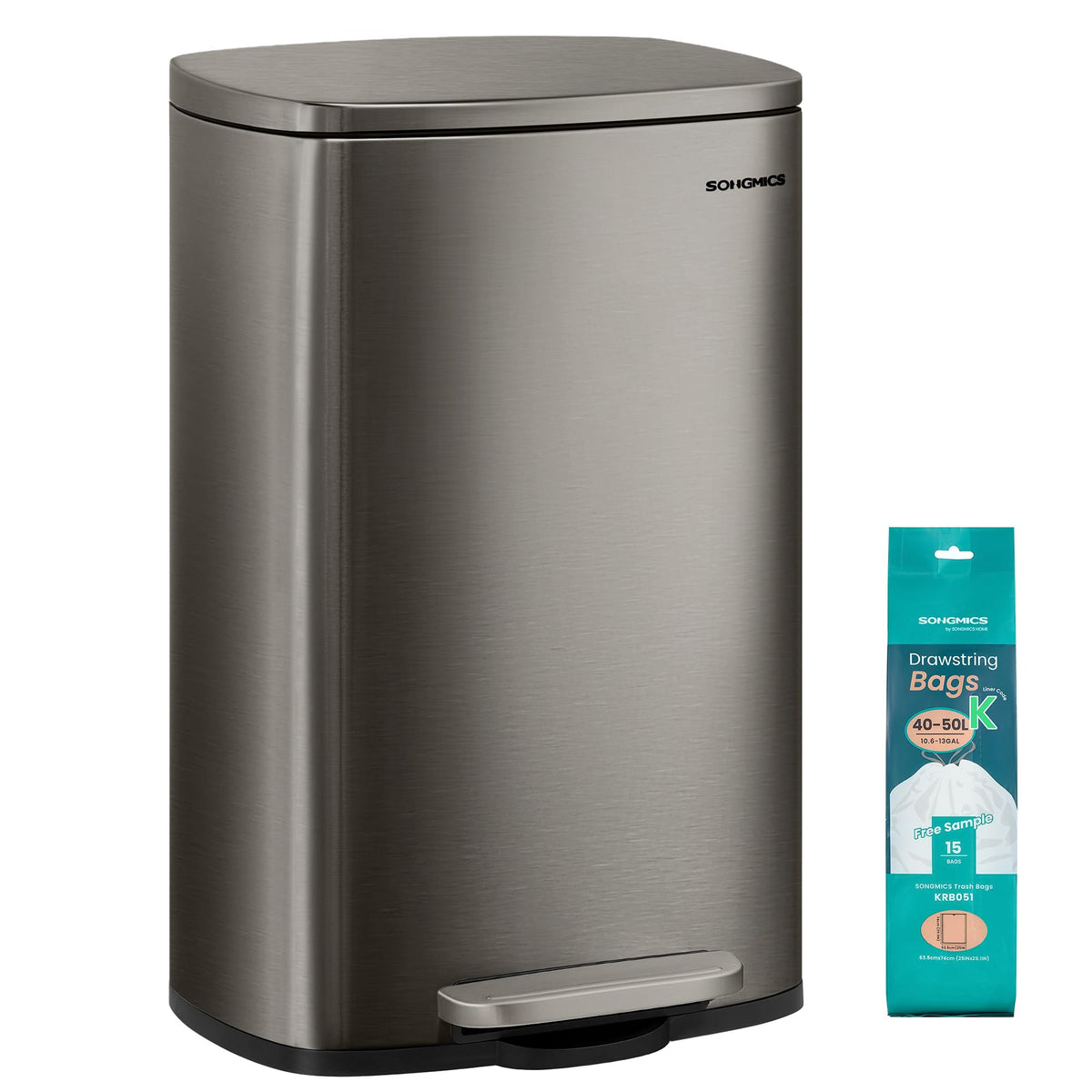 SONGMICS 20 Gallon (75 L) Trash Can, Stainless Steel, Step-On Pedal