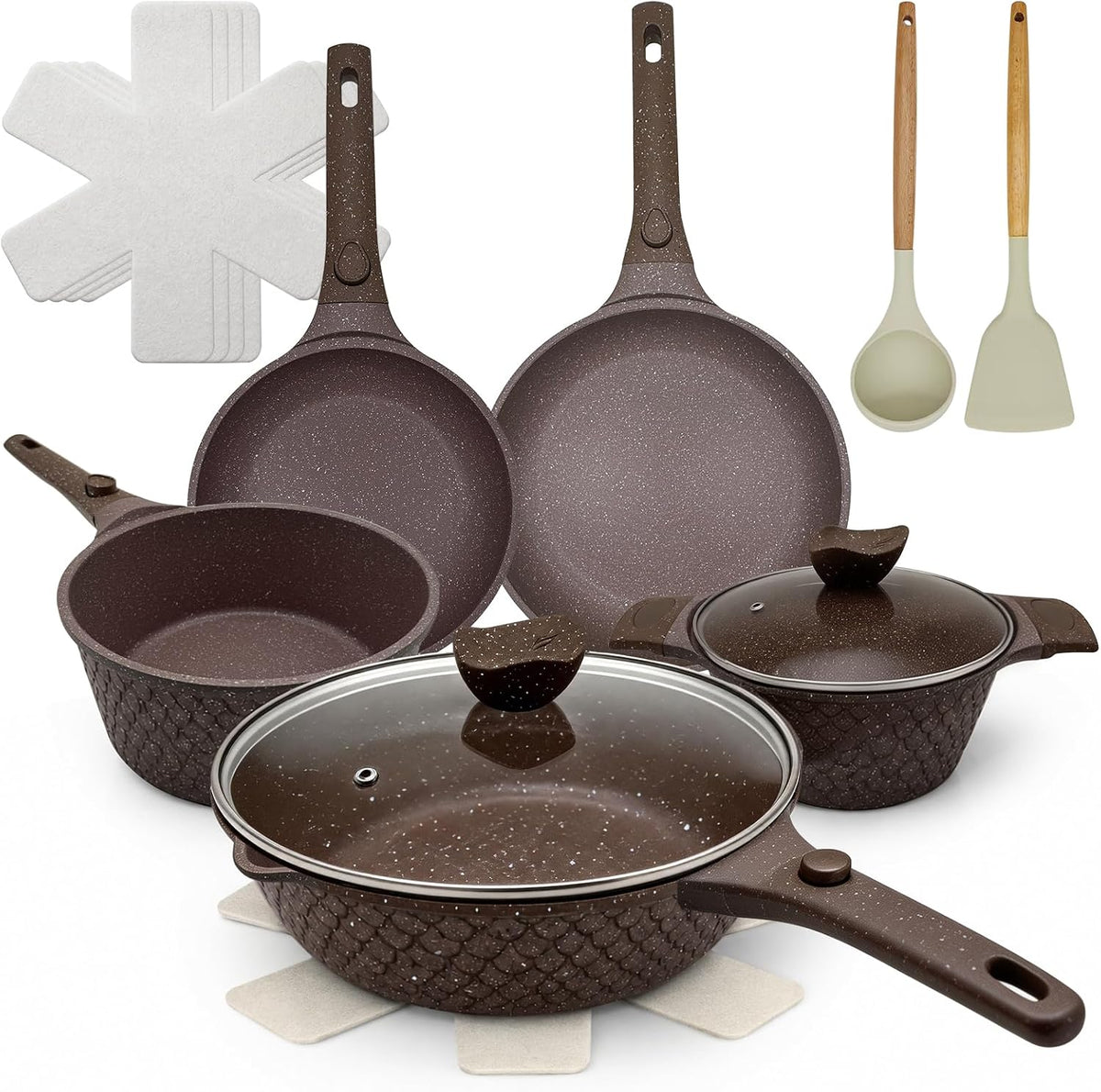15pc Nonstick Cookware Set with Detachable Handles,Brown Finish Scale Shaped，Sauce pot and Pan，8-11 inches frying PAN,Aluminum Construction, Space-Saving Storage, Includes Utensils