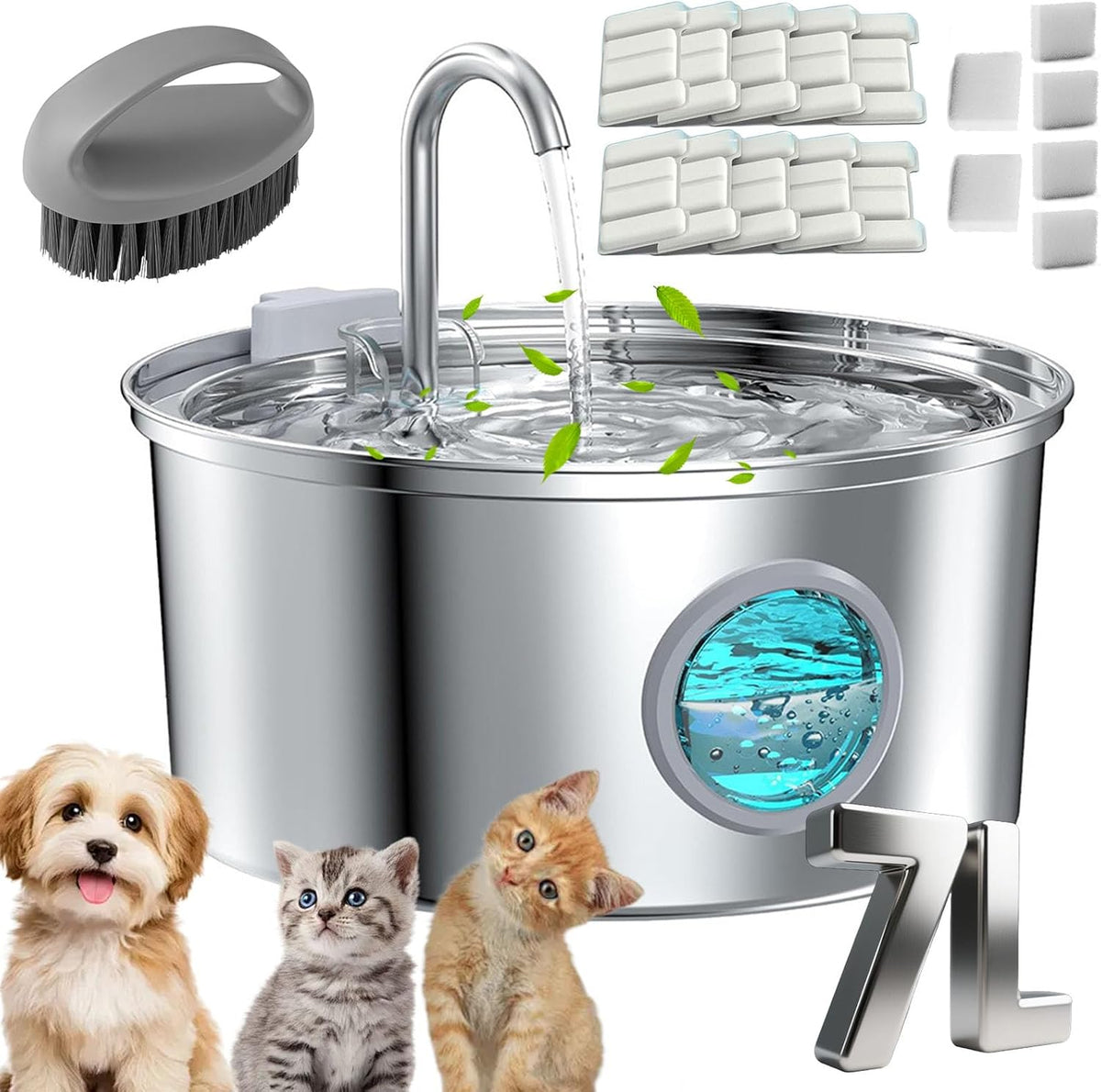 Cat Fountain, 3.2l/7l Water Fountain for Small Dogs, Super Quiet Stainless Steel Fountain Water Bowl for Small Cats Dogs (Silver, 7L-with 10 Filter Element)