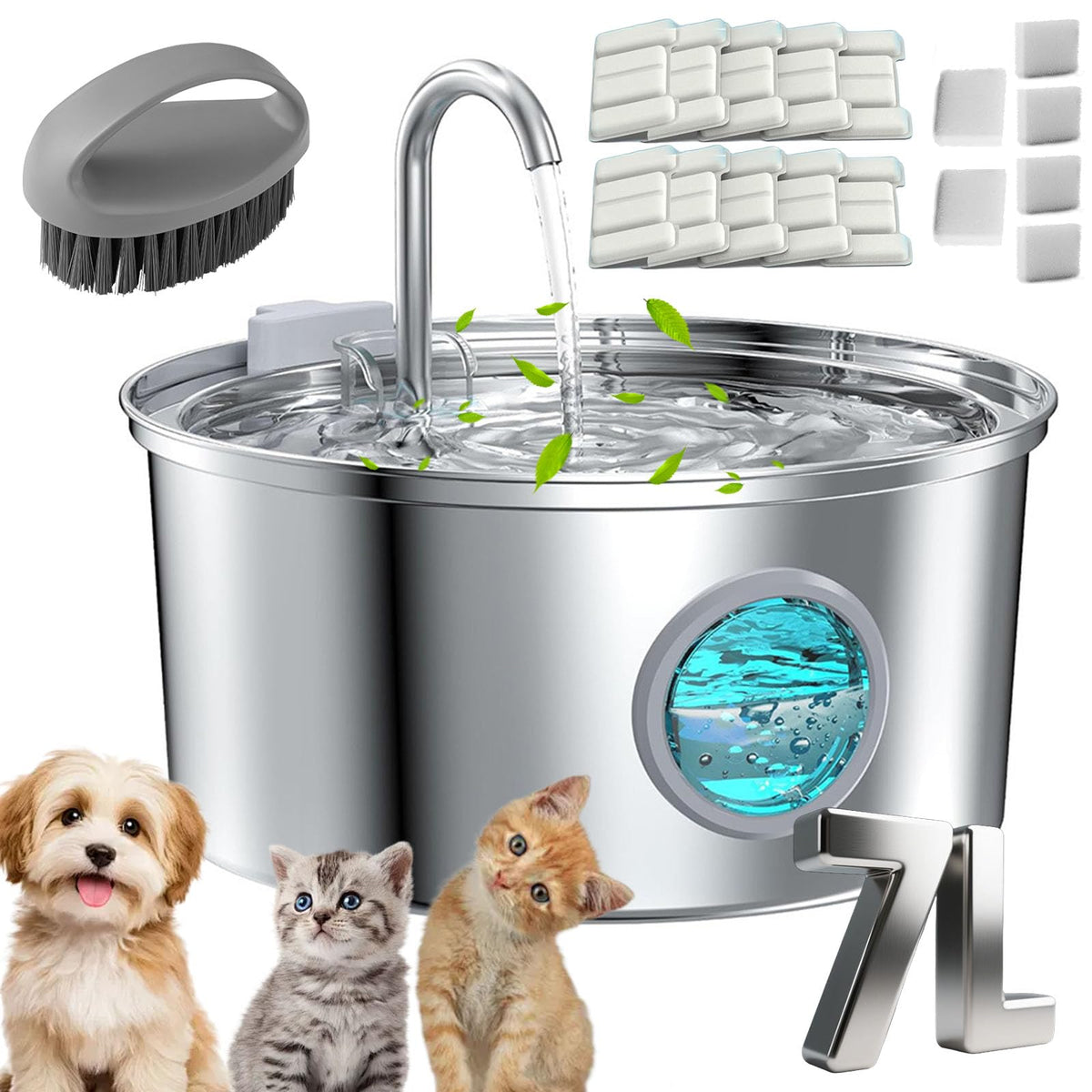Cat Fountain, 3.2l/7l Water Fountain for Small Dogs, Super Quiet Stainless Steel Fountain Water Bowl for Small Cats Dogs (Silver, 7L-with 10 Filter Element)