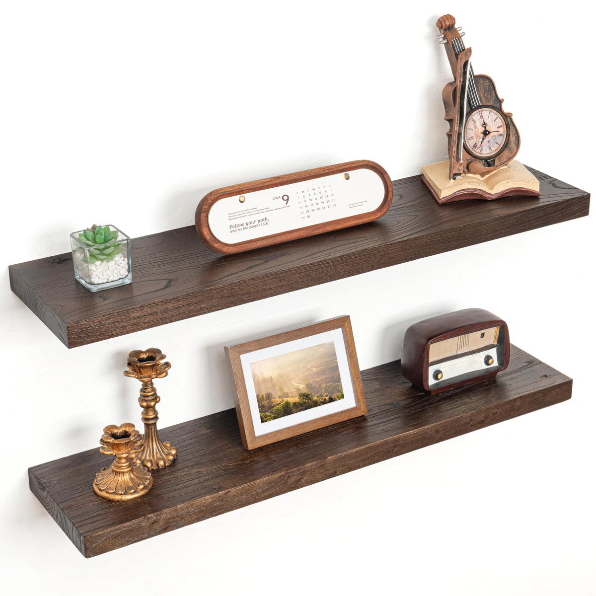Floating Shelves for Wall, Solid Elm Wood Shelves, 24in Set of 2, Natural