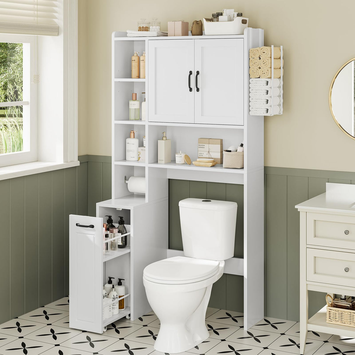 UPOSOJA Over The Toilet Storage Cabinet with Pulley Small Bathroom Storage Cabinet, Space Saver W/Adjustable Shelf & Open Shelf for Bathroom, Restroom, Laundry (White)