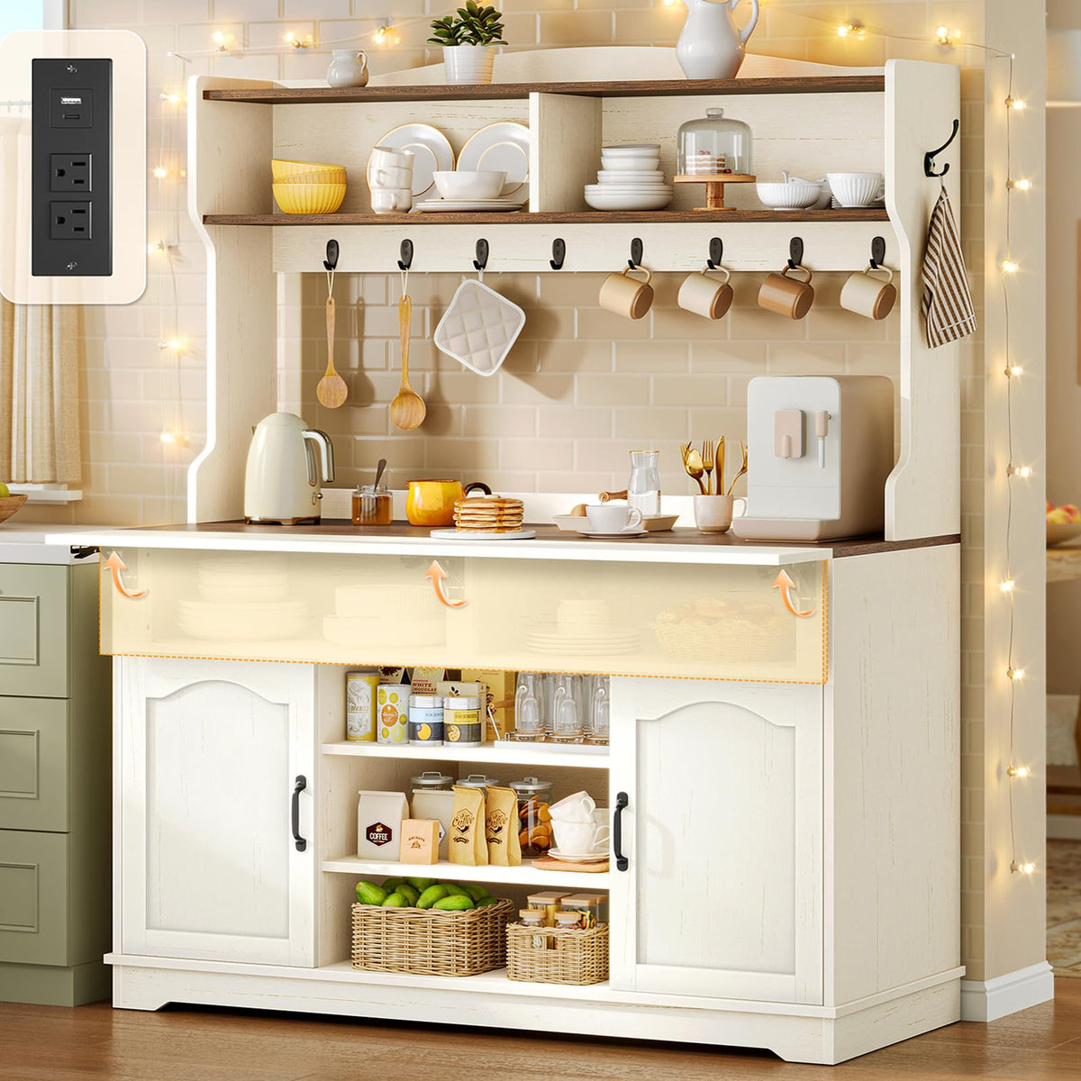 Bakers Rack with Storage and Power Outlet, 31.5 inch Farmhouse Coffee Bar Cabinet, Microwave Stand with Storage Cabinet, 7 Hooks and Curved Design for Kitchen, Coffee Bar, Walnut, White