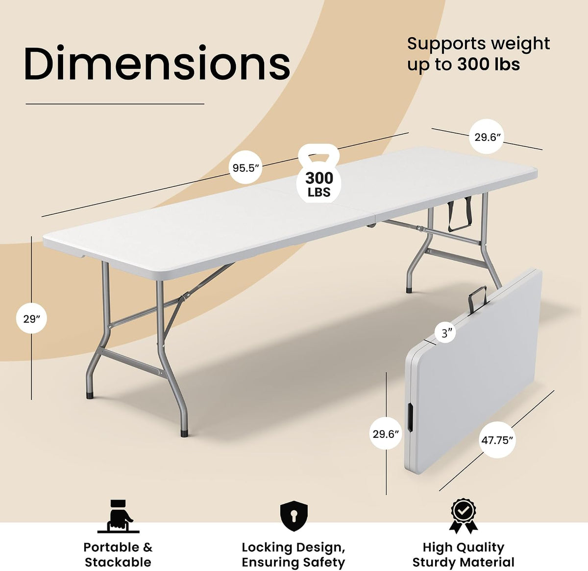 Our Modern Space 8 Feet Foldable Table with Built in Handle & Steel Legs | 8 FT Heavy Duty Portable | Perfect for Party, Dining, Wedding, Events, Picnic Indoor, Outdoor, Camping, Temporary - 8 Foot