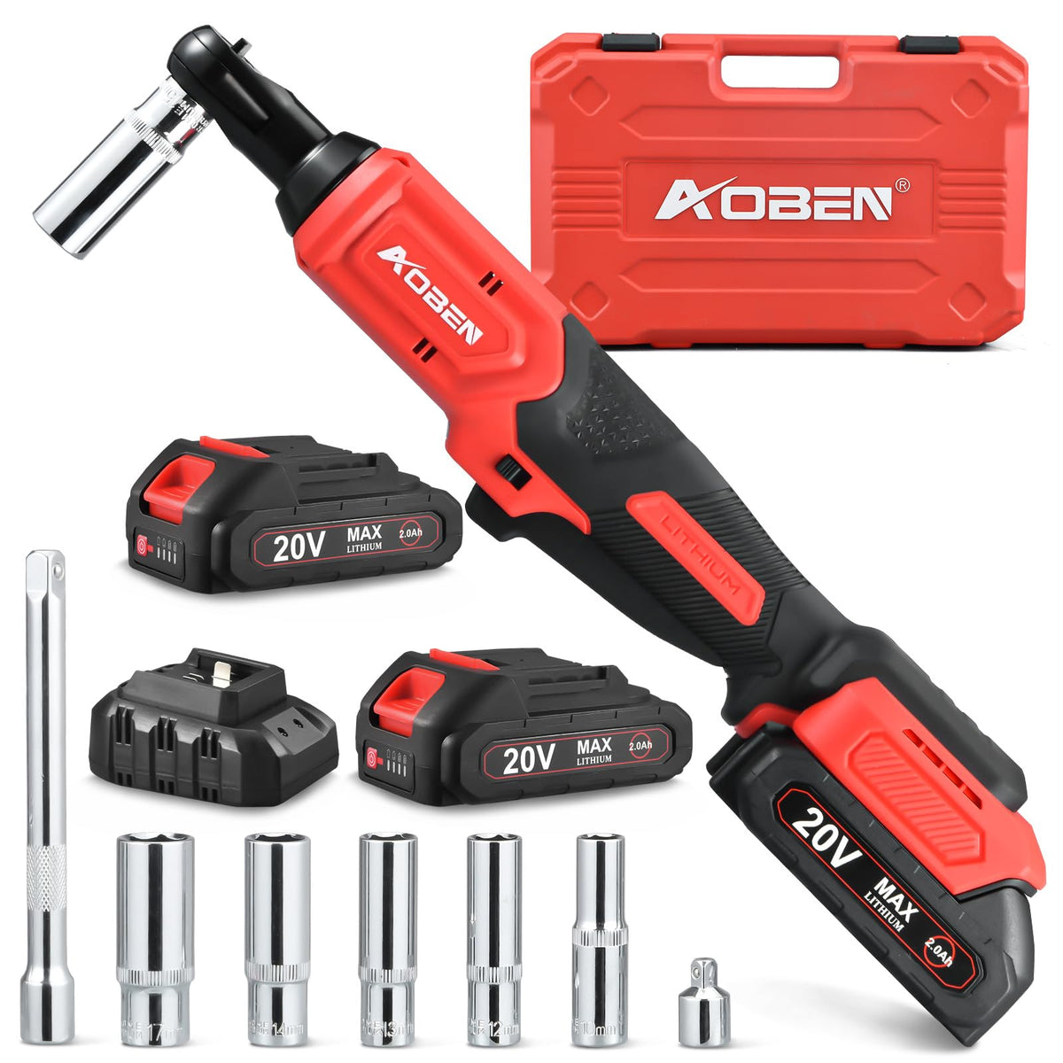 AOBEN Cordless Ratchet Wrench Kit,3/8" ratchet,40 Ft-lbs Electric Power Ratchet Set with Variable Speed Trigger,2 Packs 2000mAh Lithium-Ion Battery And Charger,83 Sockets