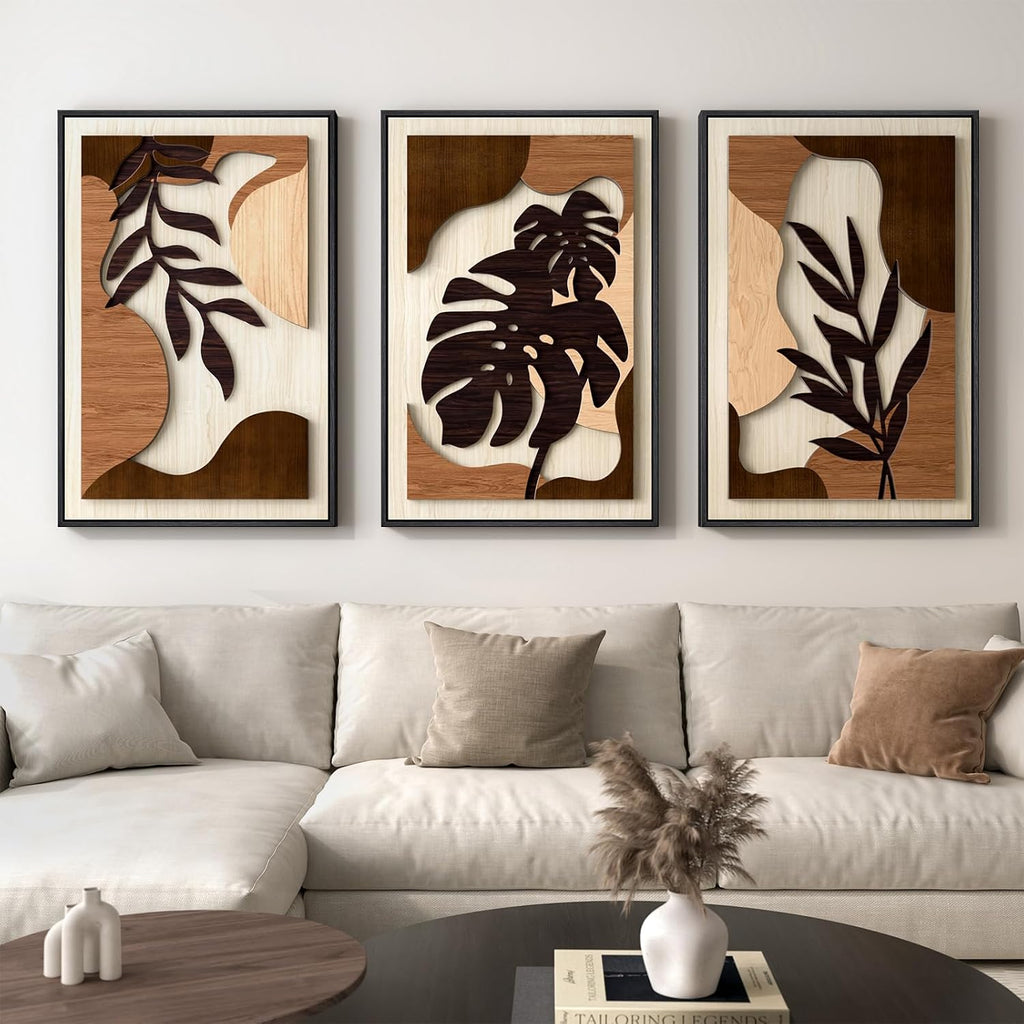 Large Framed 3D Wood Boho Tropical Wall Decor for Living Room, 24x36 Inch