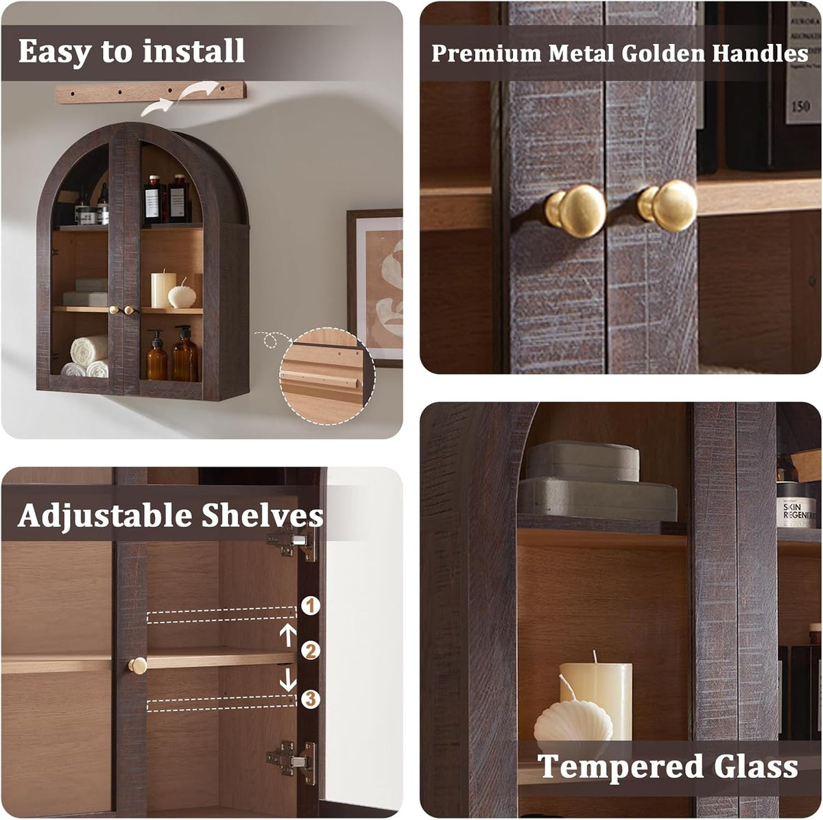 Bathroom Arched Wall Cabinet Over The Toilet Storage Cabinet, 23.5×31.4 Inch bathroom cabinet wall mount with Glass Doors & Adjustable Shelves, Wood Cabinet for Laundry Room, Kitchen, Brown/Natural