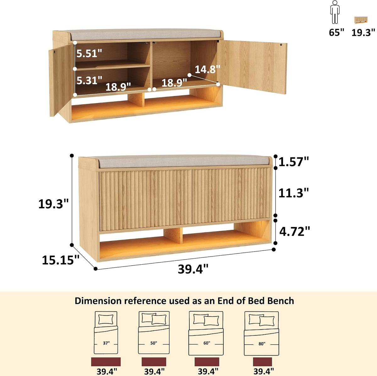 HOMEFORT 39.4" Fluted Shoe Storage Bench, Entryway Bench with Linen Seat Cushion, Shoe Cabinet Bench with Adjustable Shelf and Built-in LED Sensor Light, Bench for Bedroom End of Bed, Natural Oak