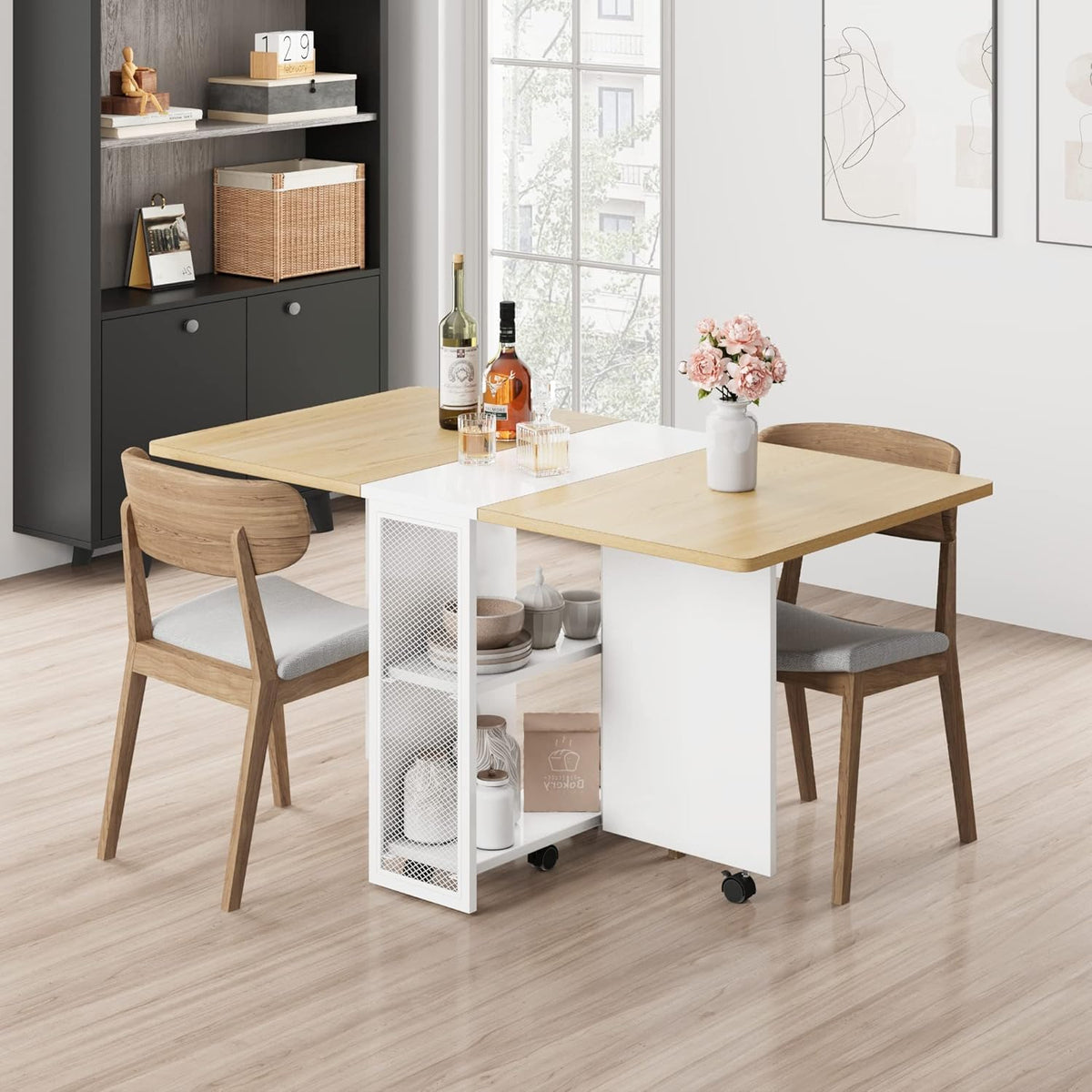 IDEALHOUSE FoldingTable, Drop Leaf Dining Table with 6 Wheels and 2-Layer Storage Shelf, Space Saving Table for Small Spaces (Natural Wood, 50.1" D x 31.4" W x 29.5" H)