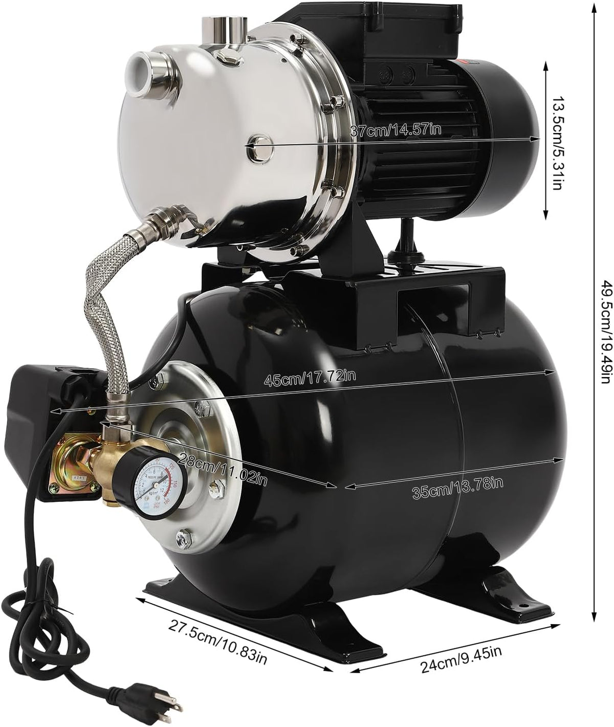 1HP Shallow Well Pump with Pressure Tank, 793GPH Irrigation Jet Pump, 110V Automatic Water Pumps Booster System Max. Head 147.64ft for Garden Lawn Farm Home (Black, 1 Hp)
