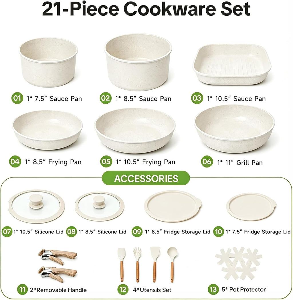 21Pc Detachable Handle Ceramic Nonstick Cookware Set, Induction Pots & Pans
