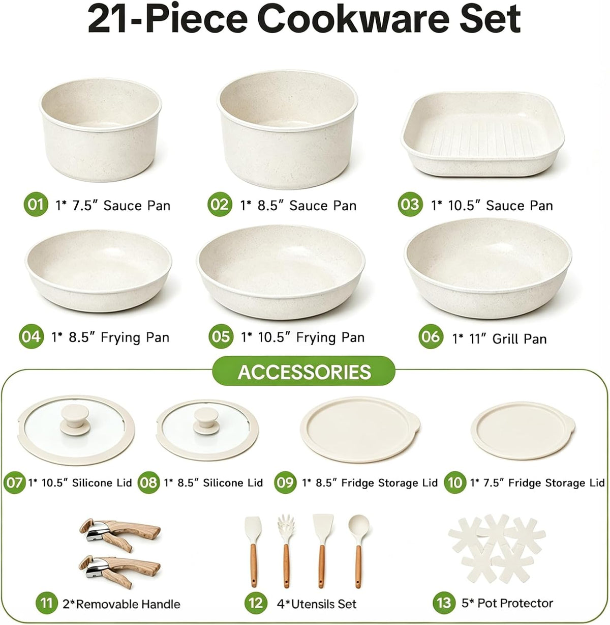 21Pc Detachable Handle Ceramic Nonstick Cookware Set, Induction Pots & Pans