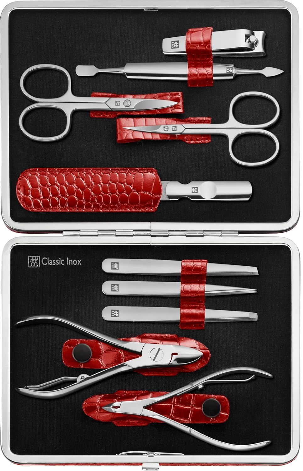 ZWILLING Manicure Set (5 piece, for fingernail and toenail care, genuine leather case with metal frame), Polished Stainless Steel, Crocodile Edition, Black