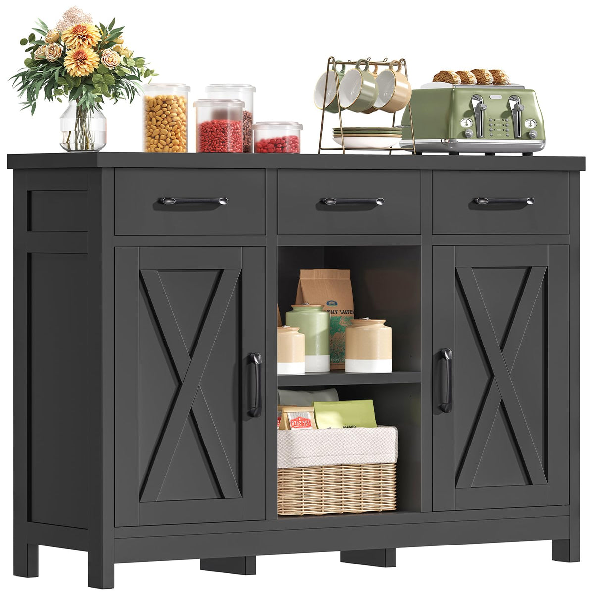 TEENFON Storage Cabinet, Coffee Bar Cabinet with 3 Drawers, 2 Adjustable Shelves & 2 Doors, Buffet Cabinet, Kitchen Cabinet for Kitchen, Dining Room, Living Room, White