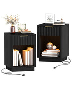 Akxomel Fluted Nightstand Set 2 Bedside Table with Charging Station Oak