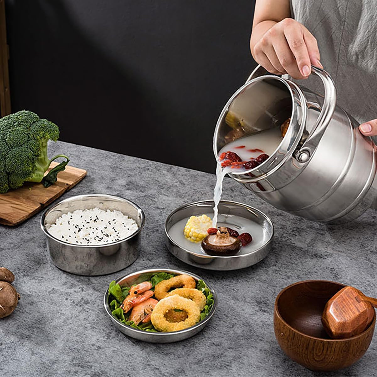 Non Magnetic Stainless Steel Double-Layer Insulation Lunch Box Bowl Drum Vacuum Bucket Convenient Rice Soup,8.0L