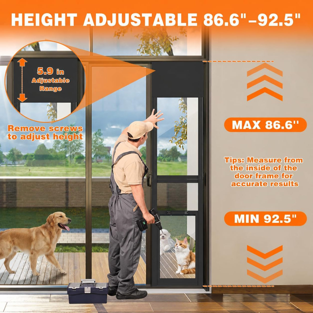 Dog Door for Sliding Glass Doors, 86.6" to 92.5" Height Adjustable Pet Door, Two Piece Design Sliding Glass Dog Door with Security Lock for Apartments, Rentals, Patios