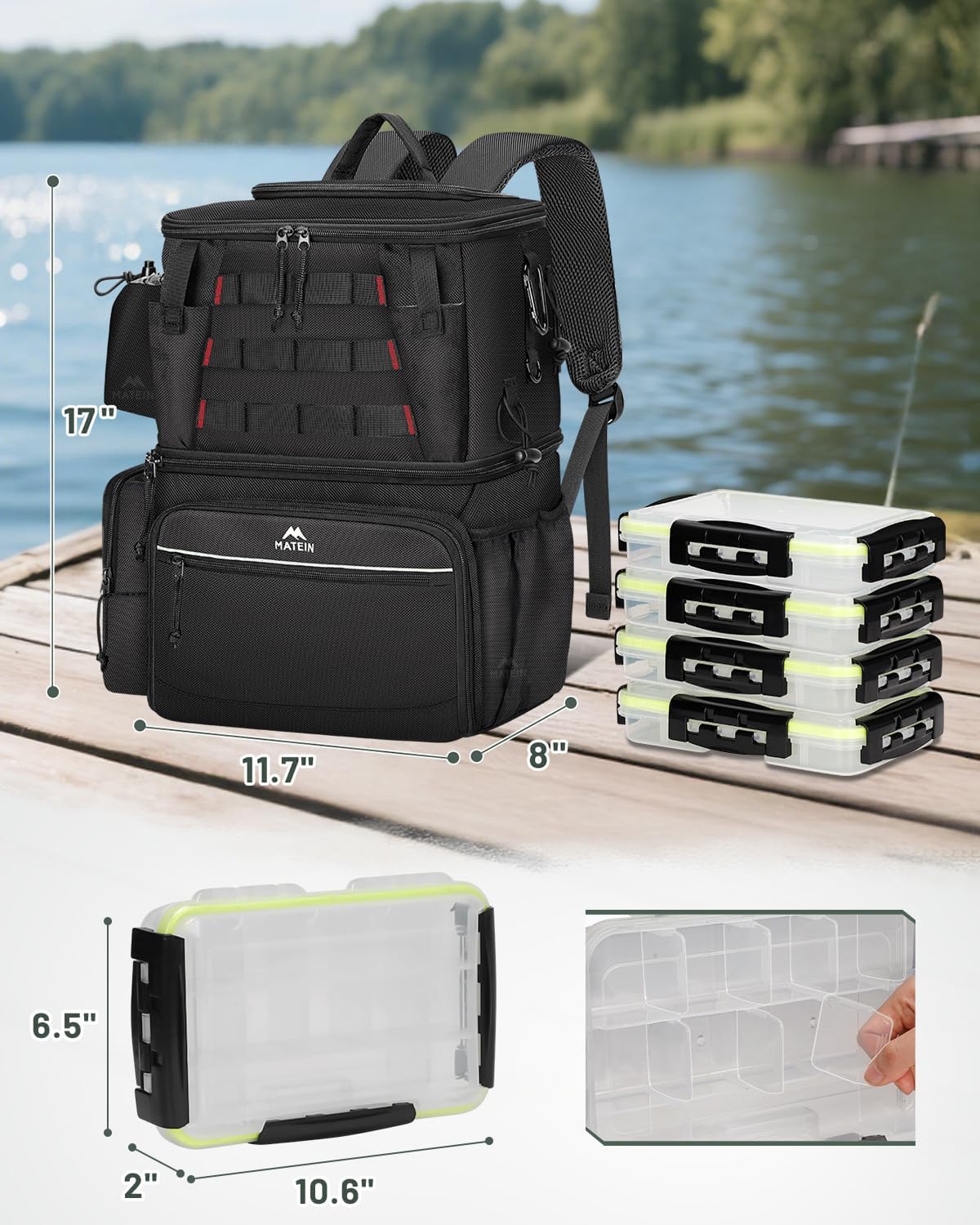 MATEIN Fishing Backpack with 4 Tackle Boxes, Fishing Bag with Rod Holder