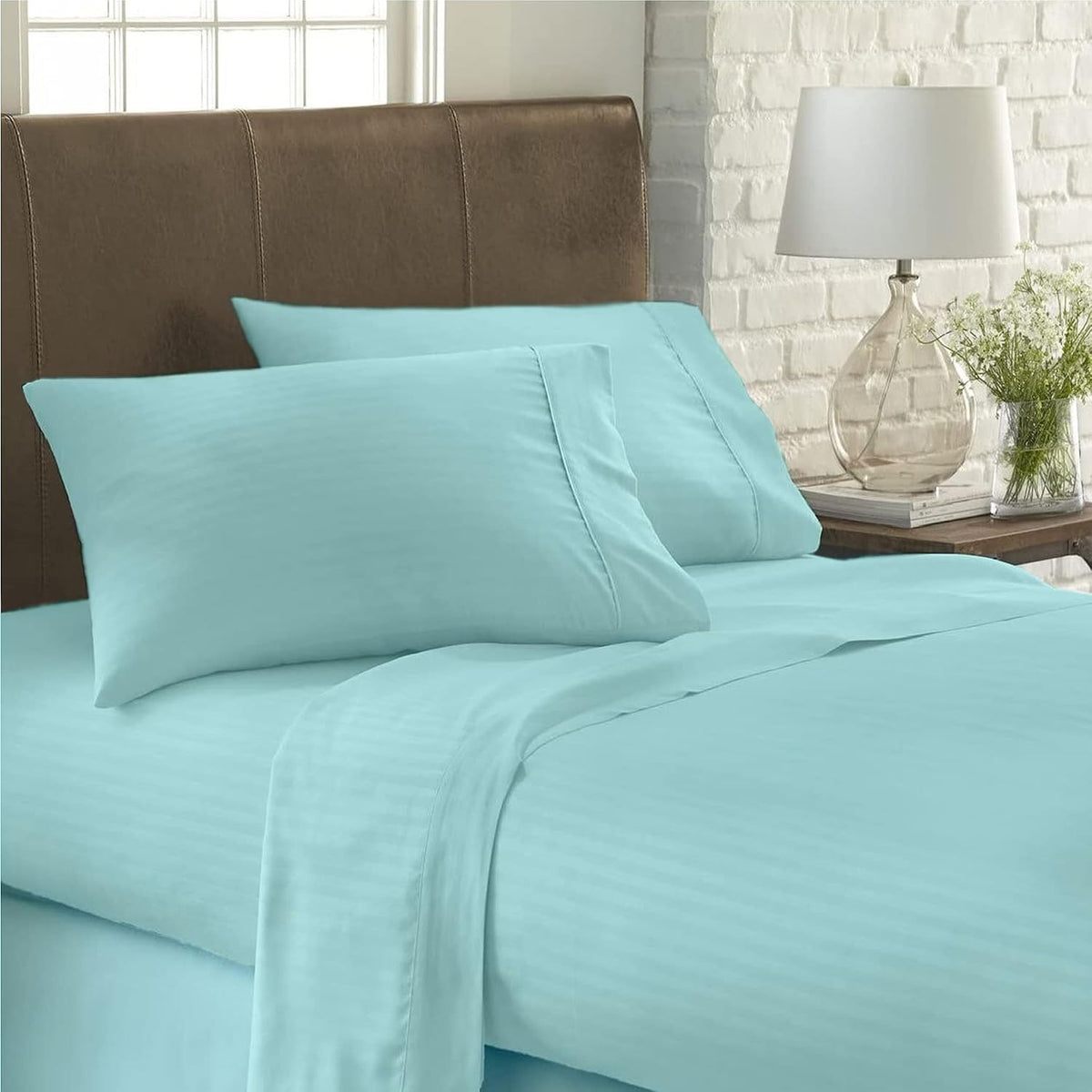 USA Twin Sheet Set in Aqua Blue Stripe 400 Thread-Count 100% Egyptian Long Staple Cotton, Sateen Weave for Soft and Silky Feel, Breathable 4-Piece Bedsheet, Elasticized 24'' Extra Deep Pocket