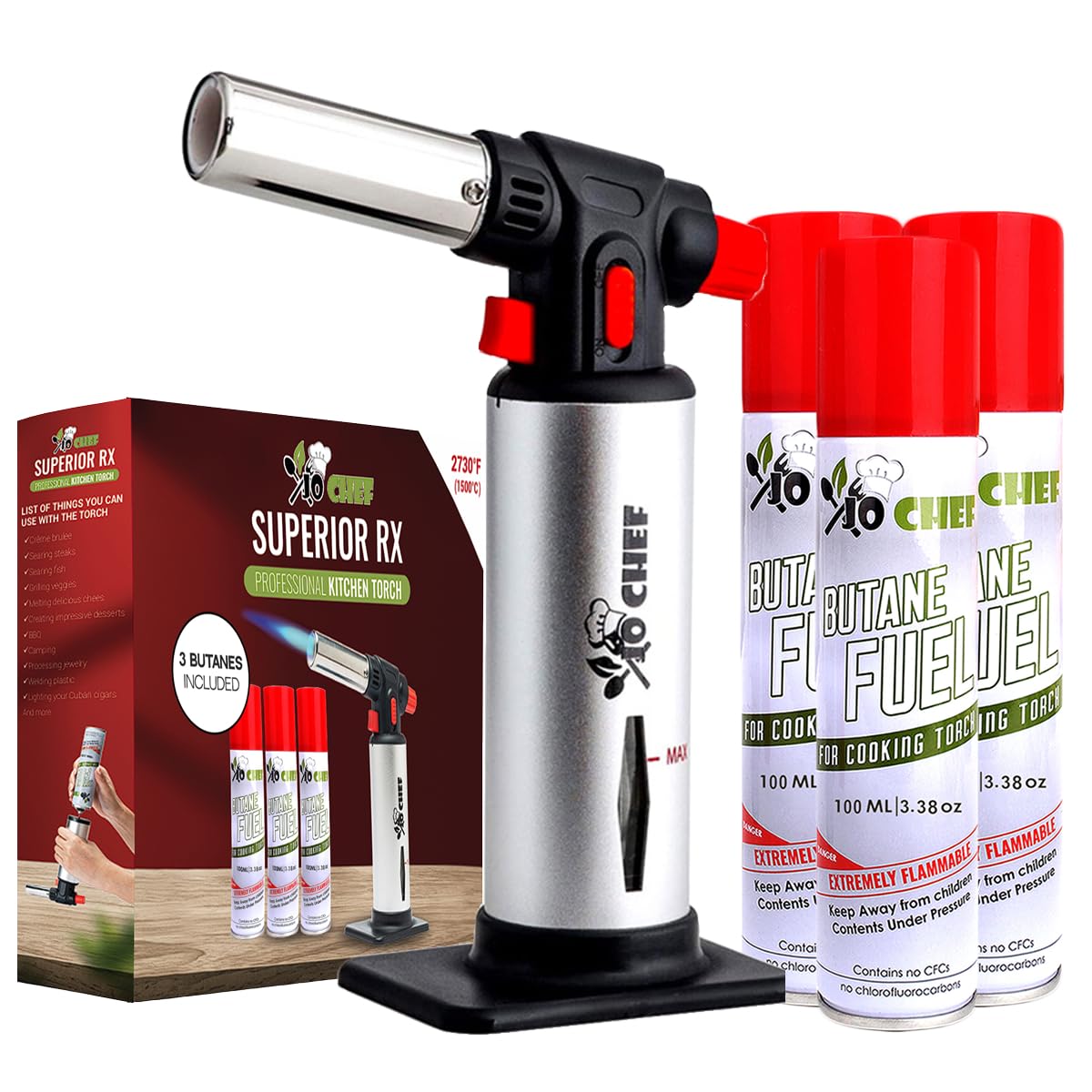 Jo Chef Kitchen Torch, Refillable Butane Torch for Creme Brulee, Cooking