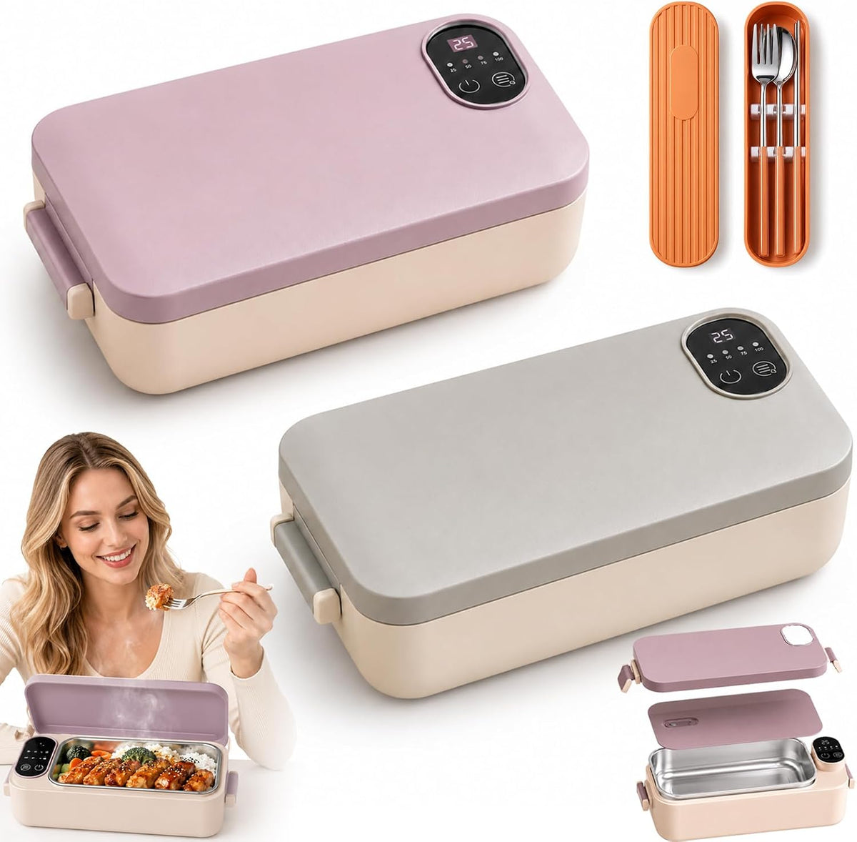 Portable Electric Lunch Box with Self-Heating, 304 SS (Mix, Rechargeable*2)
