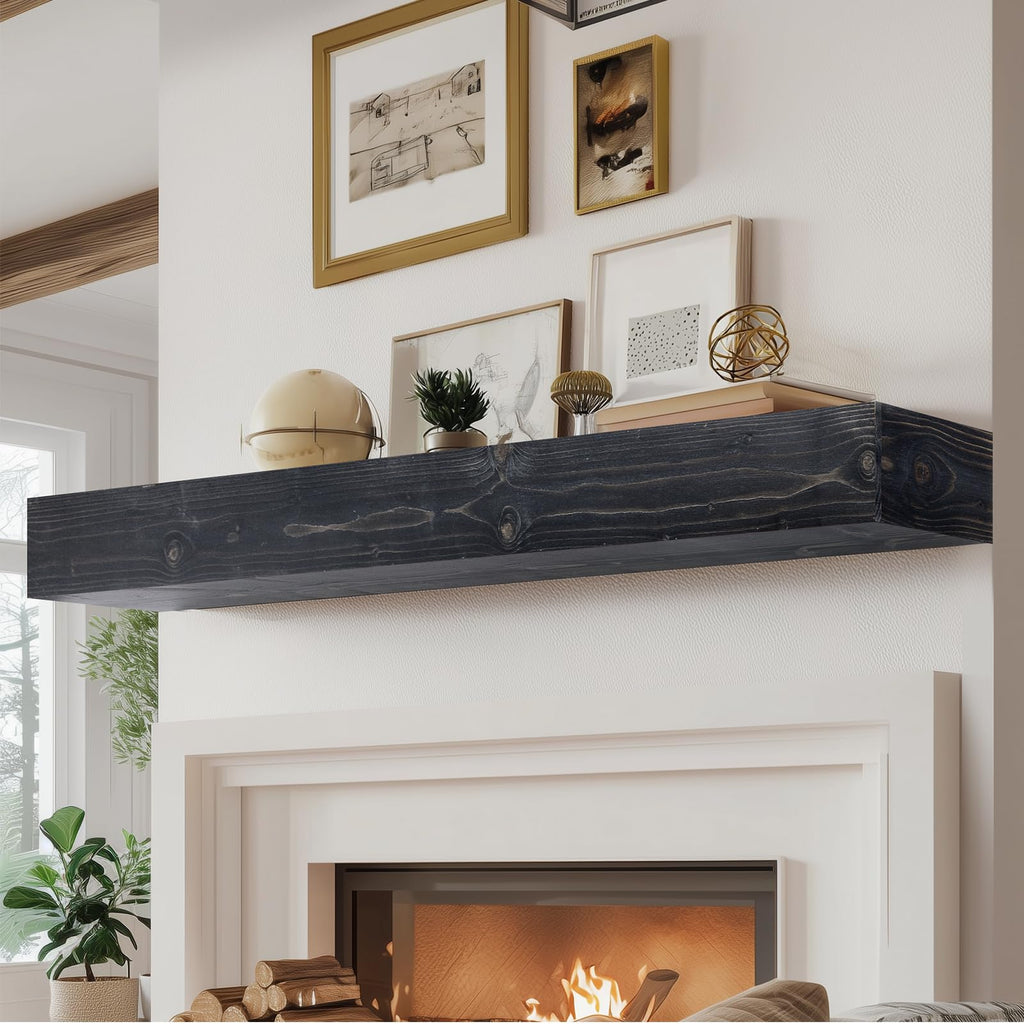 60x8x3in Rustic Fireplace Mantel Pine Wood, Weathered Brown
