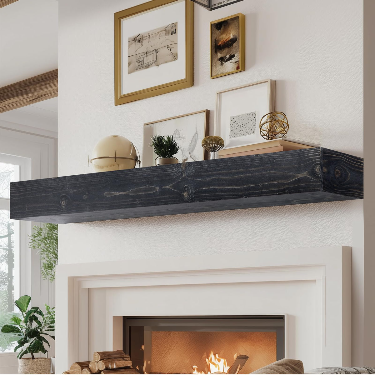 60x8x3in Rustic Fireplace Mantel Pine Wood, Weathered Brown