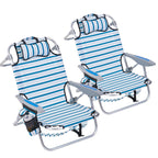 2 Pack Lightweight Portable Camping Beach Chair for Adults, Outdoor Lay Flat Folding Beach Chairs with 5 Positions, Backpack Beach Chair with Towel Bar, Zipper Pouch, Cup Holder, NEW Striped